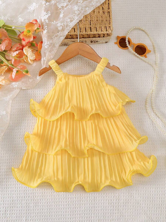 Summer Baby Girls Sleeveless Ruffle Cake Dress Solid Color Suspender Outfit