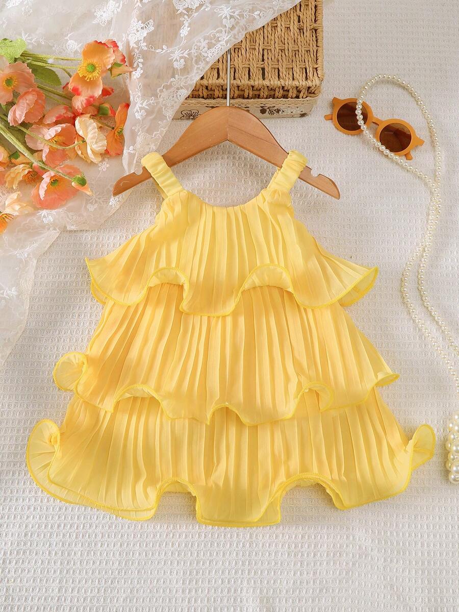 Summer Baby Girls Sleeveless Ruffle Cake Dress Solid Color Suspender Outfit