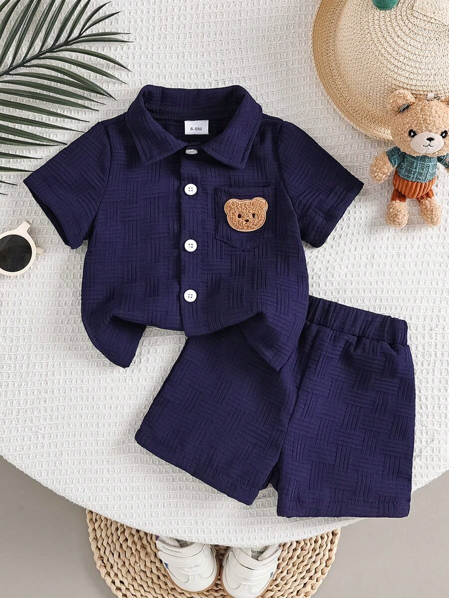 2-Piece Baby Boy Textured Bear Embroidery Shirt and Shorts Set