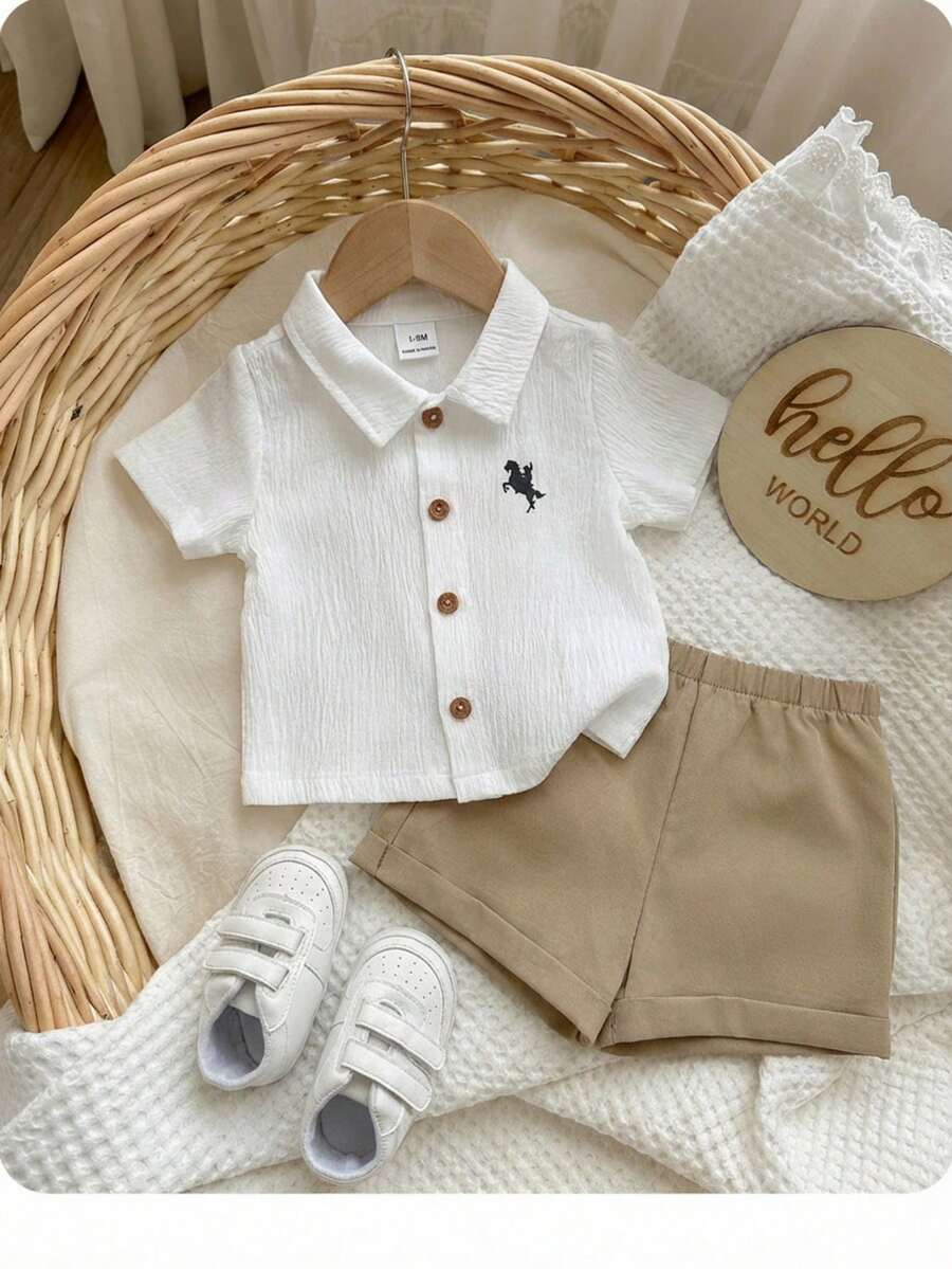 Baby Boy 2pcs Knit Jacquard Summer Set - Short Sleeve Shirt & Elastic Shorts