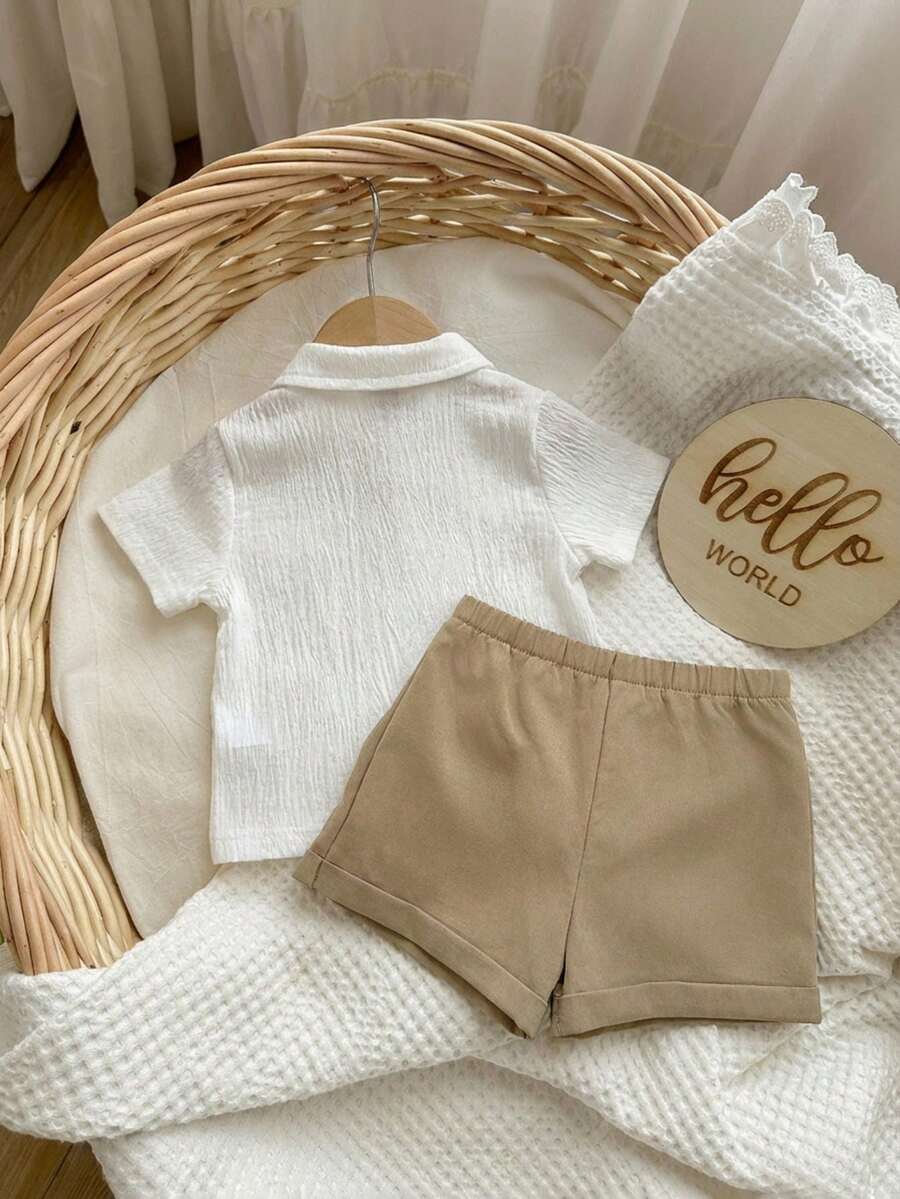 Baby Boy 2pcs Knit Jacquard Summer Set - Short Sleeve Shirt & Elastic Shorts