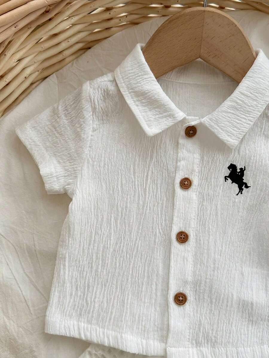 Baby Boy 2pcs Knit Jacquard Summer Set - Short Sleeve Shirt & Elastic Shorts