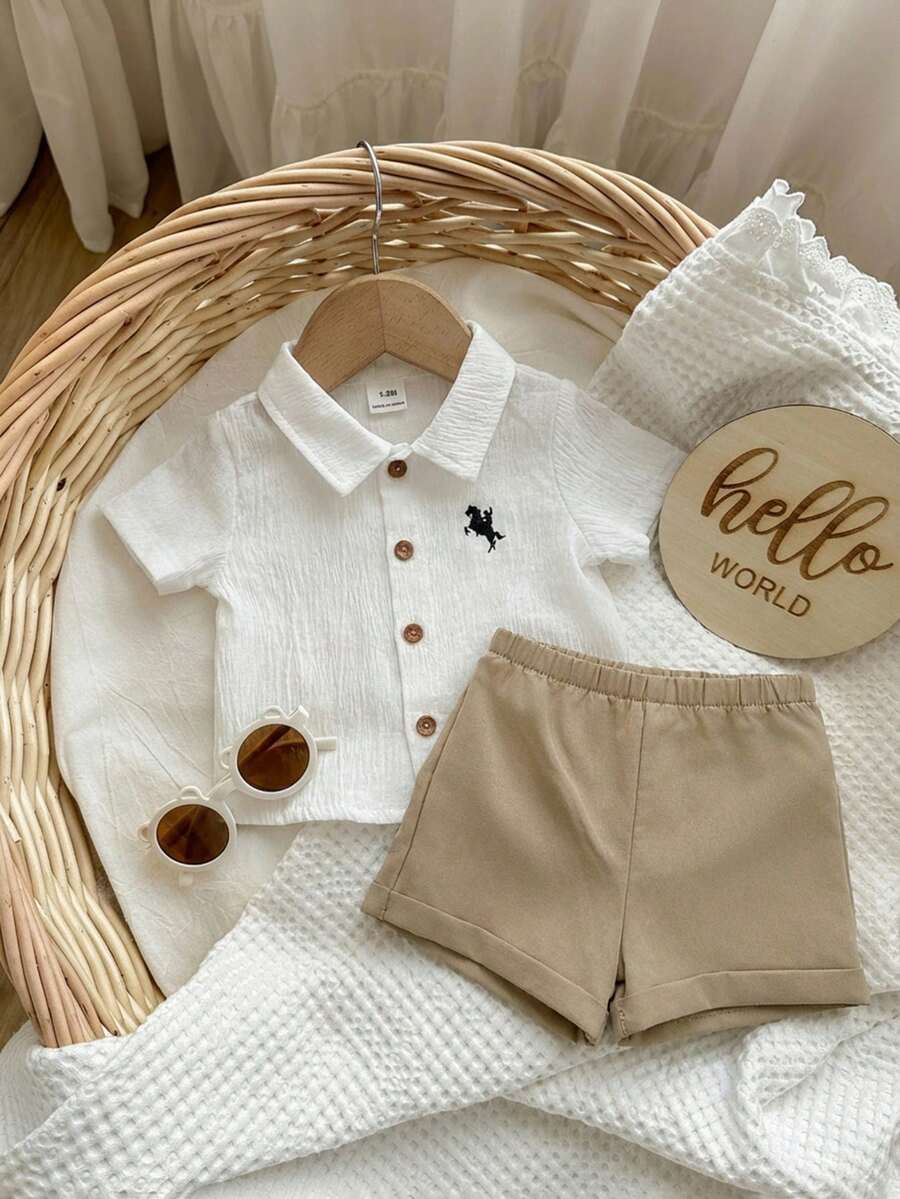 Baby Boy 2pcs Knit Jacquard Summer Set - Short Sleeve Shirt & Elastic Shorts