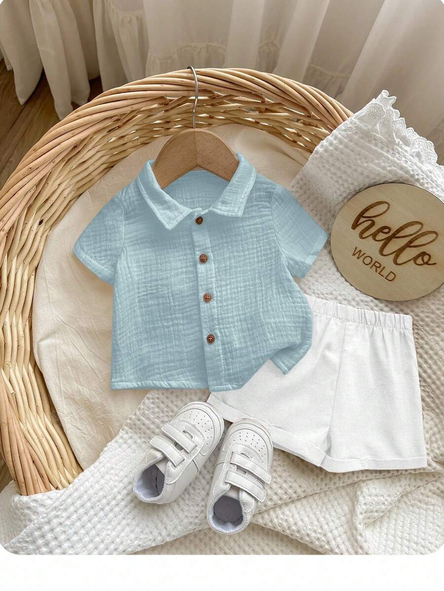 Baby Boy 2pcs Knit Jacquard Summer Set - Short Sleeve Shirt & Elastic Shorts