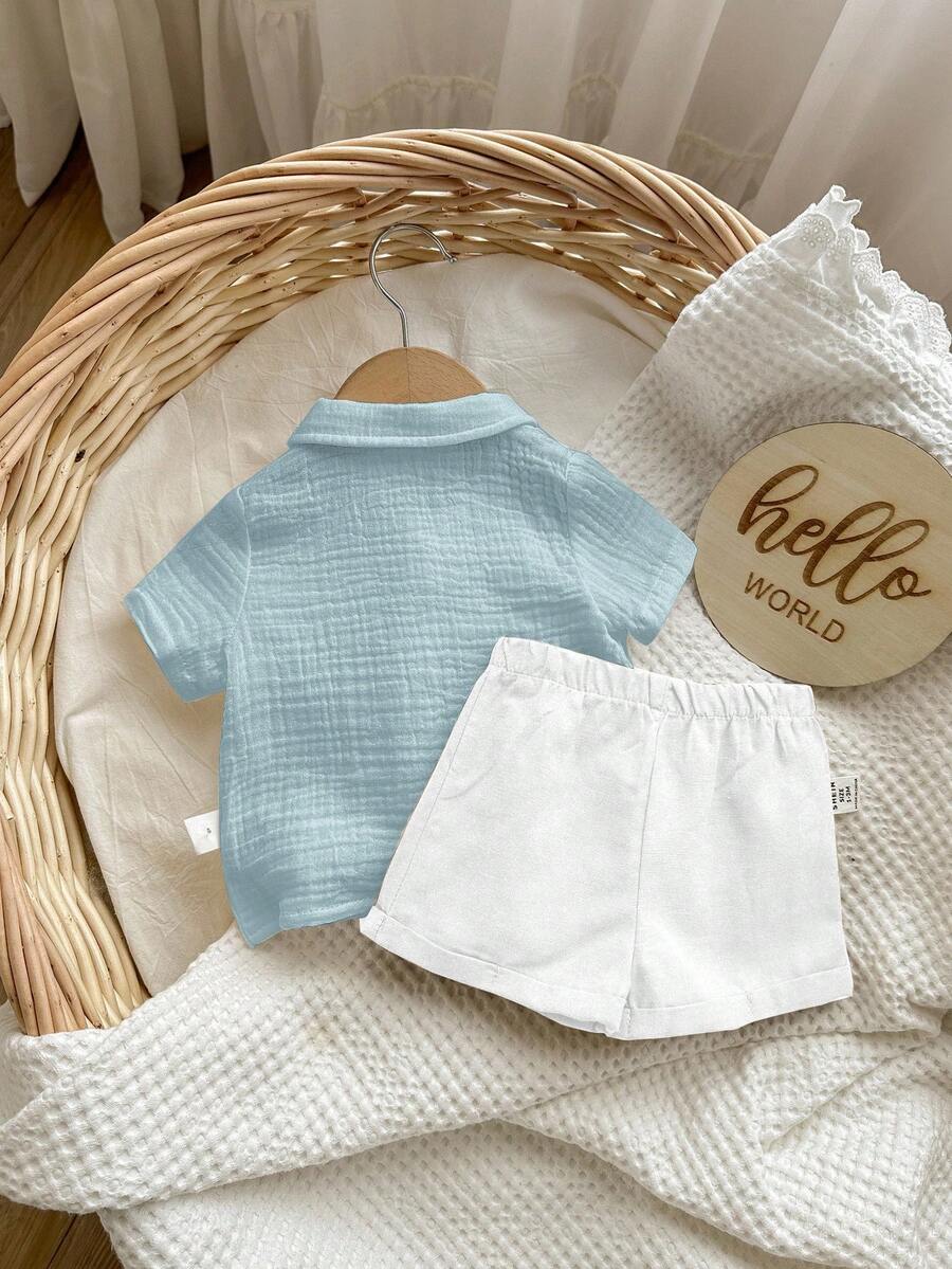 Baby Boy 2pcs Knit Jacquard Summer Set - Short Sleeve Shirt & Elastic Shorts
