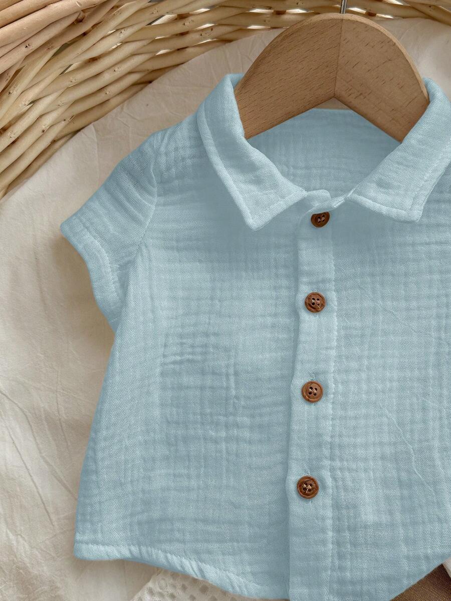 Baby Boy 2pcs Knit Jacquard Summer Set - Short Sleeve Shirt & Elastic Shorts