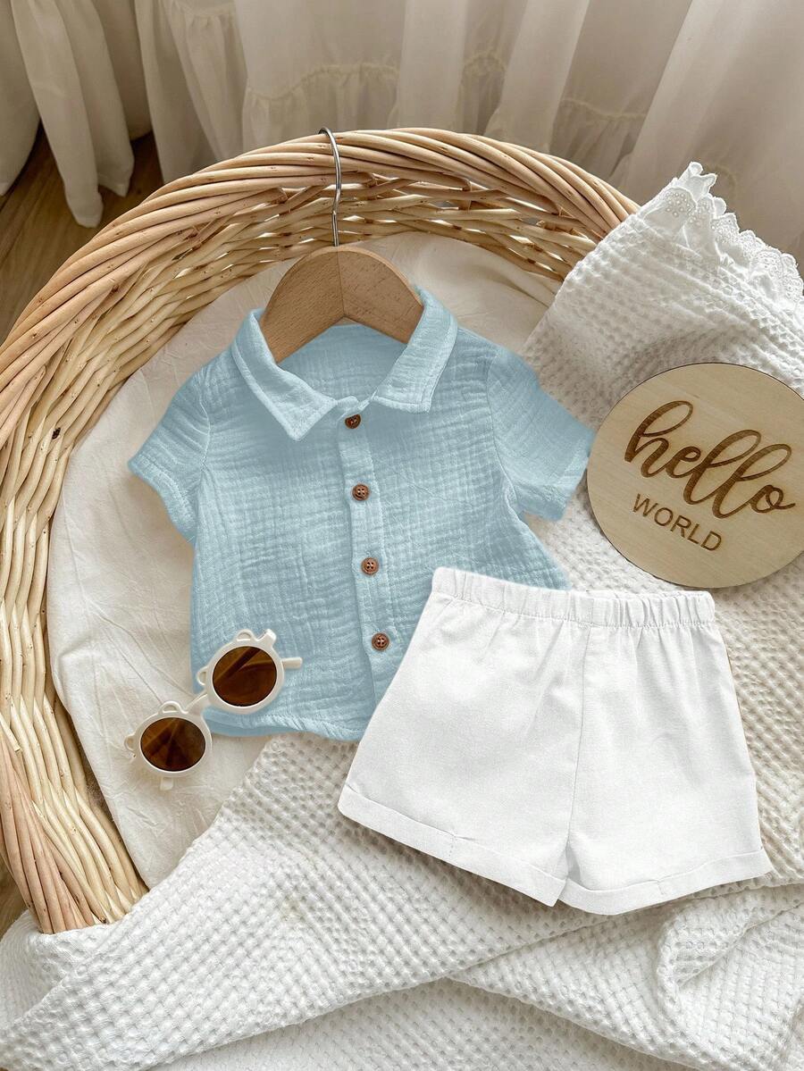 Baby Boy 2pcs Knit Jacquard Summer Set - Short Sleeve Shirt & Elastic Shorts