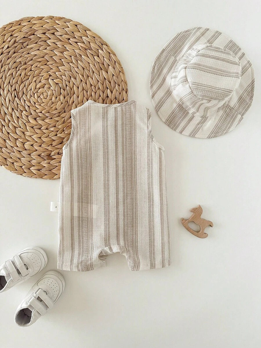 2 Piece Set with Bucket Hat - Apricot Striped Sleeveless Crew Neck Newborn Summer Jumpsuit