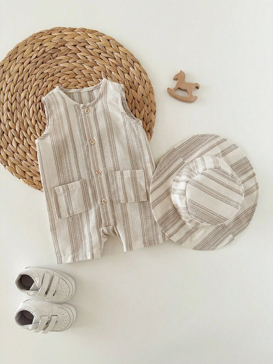 2 Piece Set with Bucket Hat - Apricot Striped Sleeveless Crew Neck Newborn Summer Jumpsuit