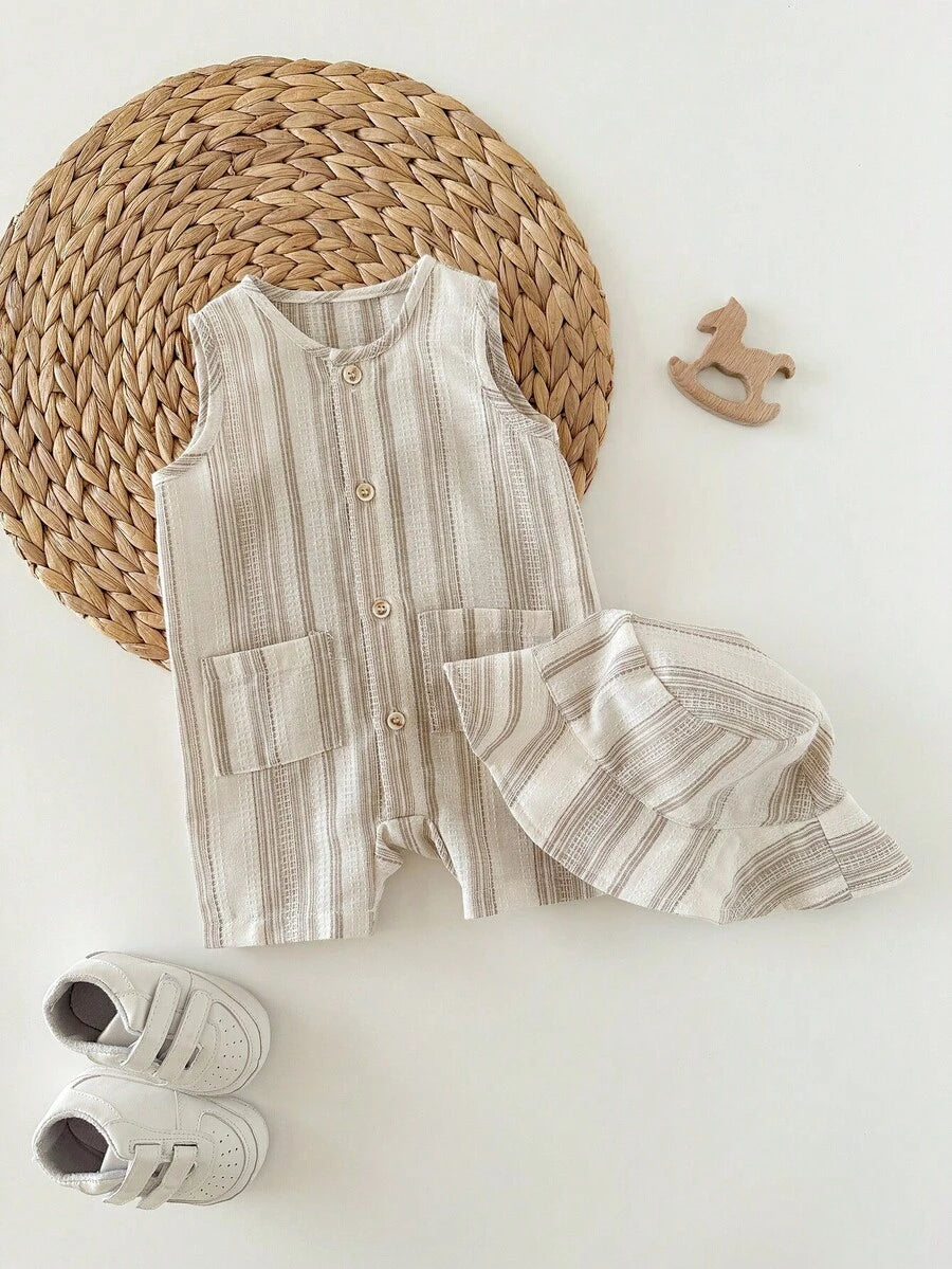 2 Piece Set with Bucket Hat - Apricot Striped Sleeveless Crew Neck Newborn Summer Jumpsuit