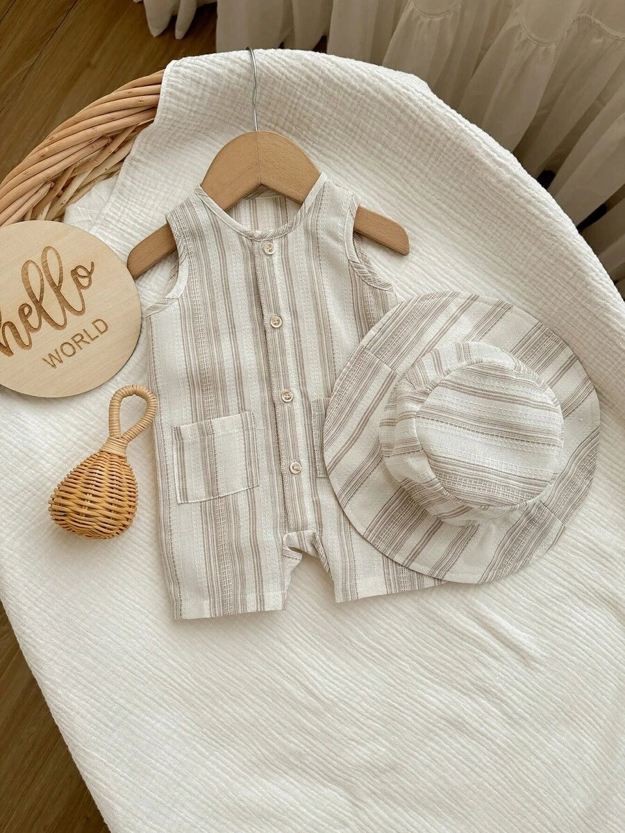 2 Piece Set with Bucket Hat - Apricot Striped Sleeveless Crew Neck Newborn Summer Jumpsuit