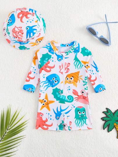 Newborn Boy Shark & Whale Print Long Sleeve Zipper Rash Guard Swimsuit Set with Sun Hat