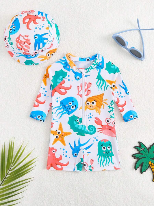 Newborn Boy Shark & Whale Print Long Sleeve Zipper Rash Guard Swimsuit Set with Sun Hat