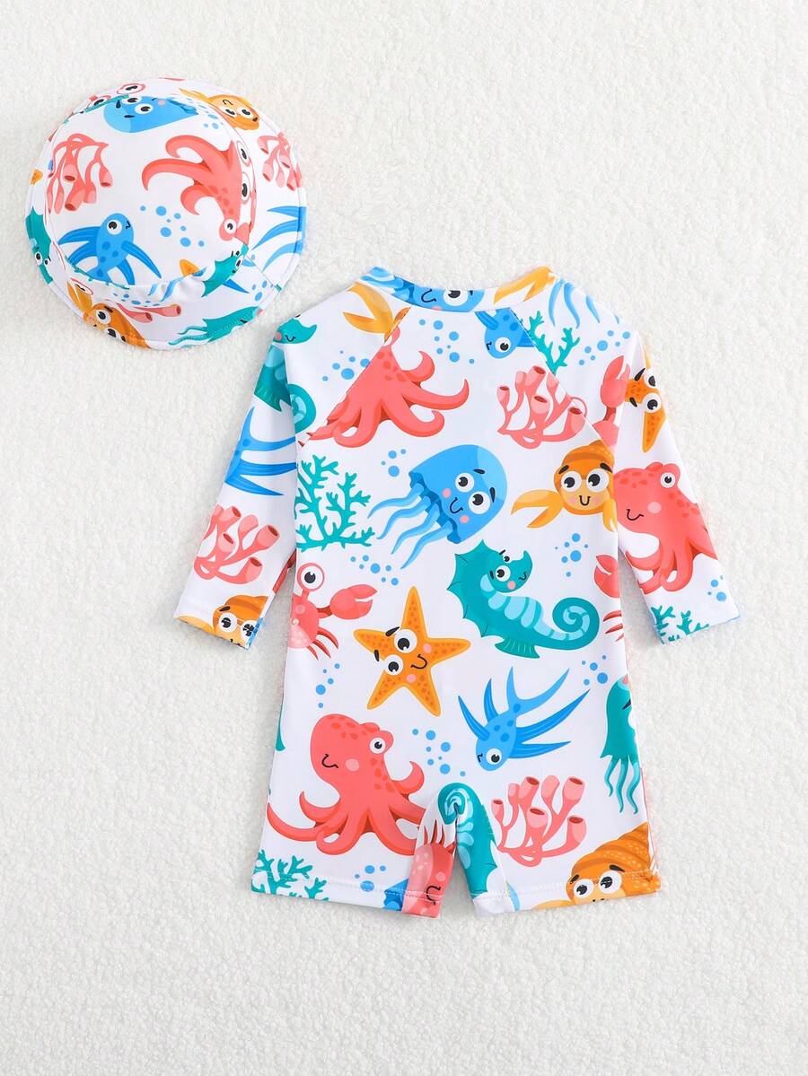 Newborn Boy Shark & Whale Print Long Sleeve Zipper Rash Guard Swimsuit Set with Sun Hat