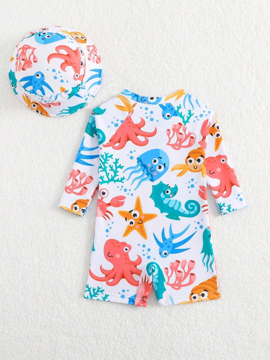 Newborn Boy Shark & Whale Print Long Sleeve Zipper Rash Guard Swimsuit Set with Sun Hat