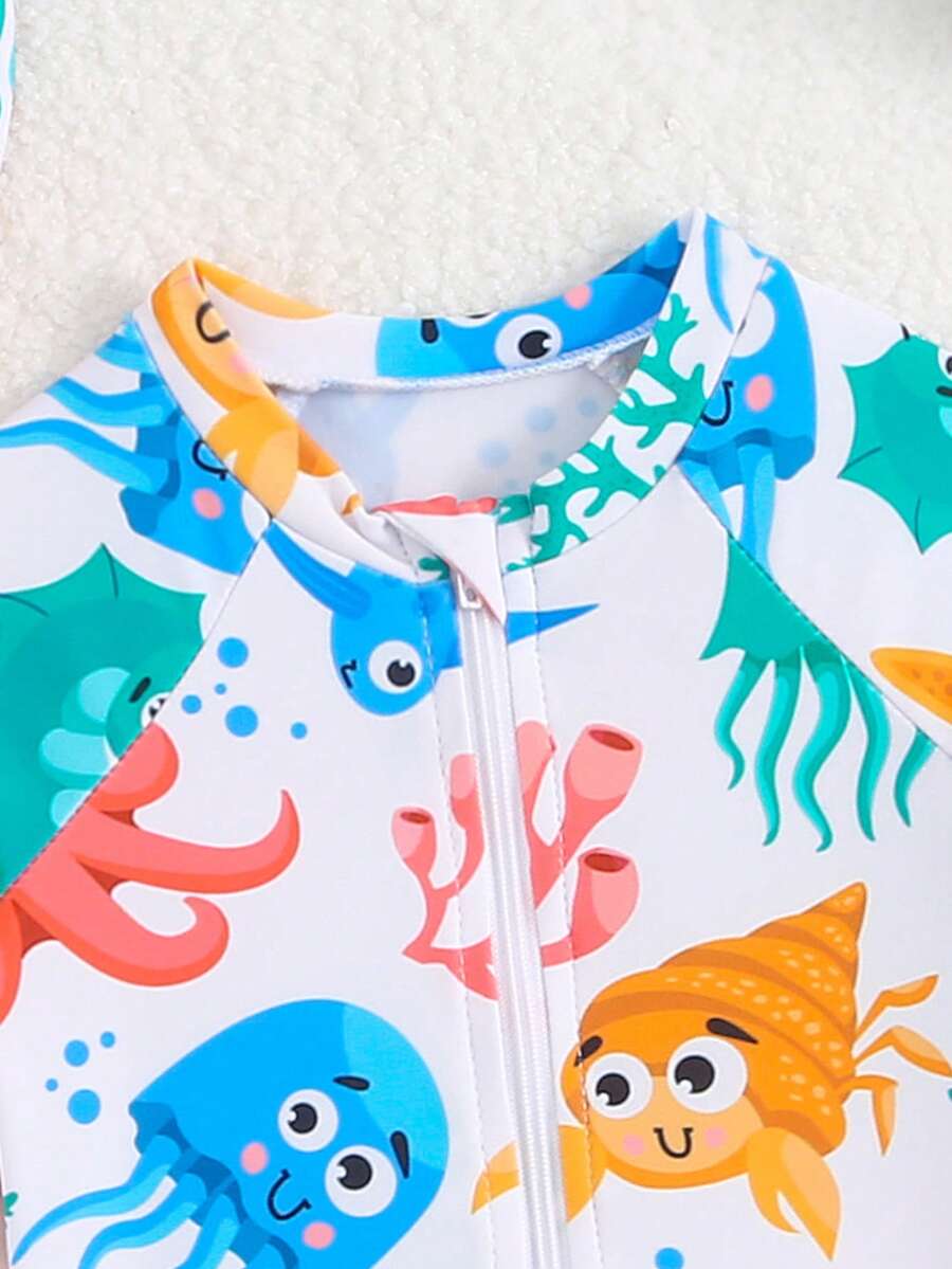 Newborn Boy Shark & Whale Print Long Sleeve Zipper Rash Guard Swimsuit Set with Sun Hat