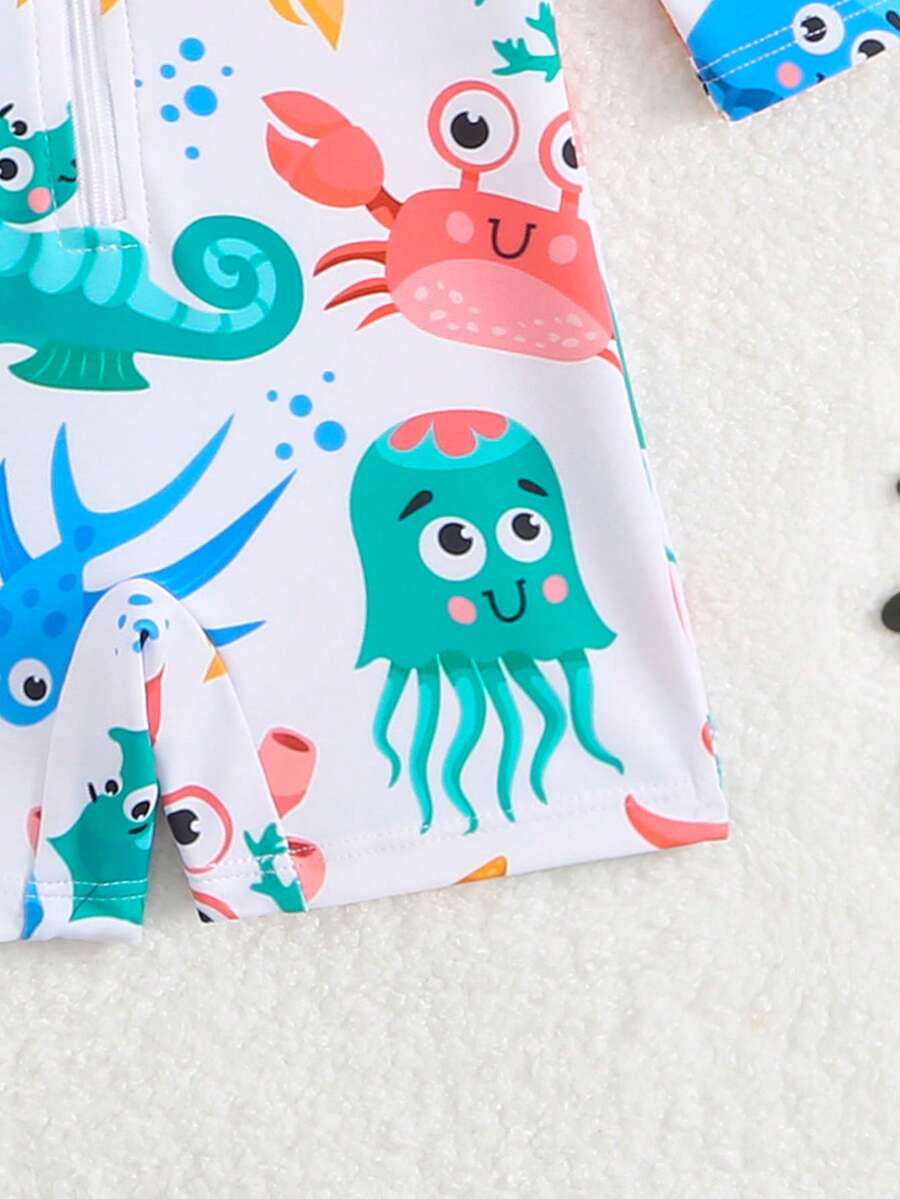 Newborn Boy Shark & Whale Print Long Sleeve Zipper Rash Guard Swimsuit Set with Sun Hat
