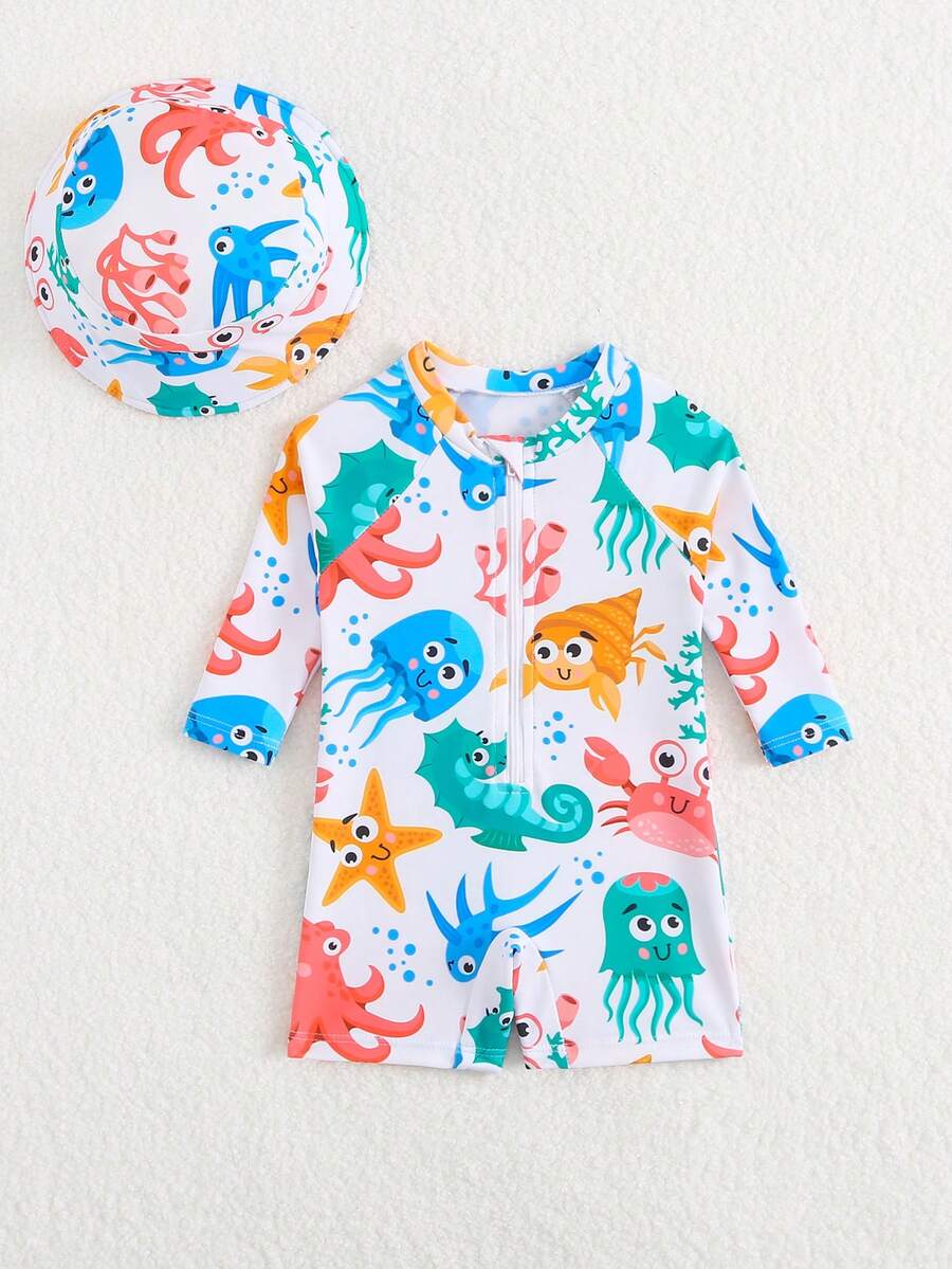 Newborn Boy Shark & Whale Print Long Sleeve Zipper Rash Guard Swimsuit Set with Sun Hat
