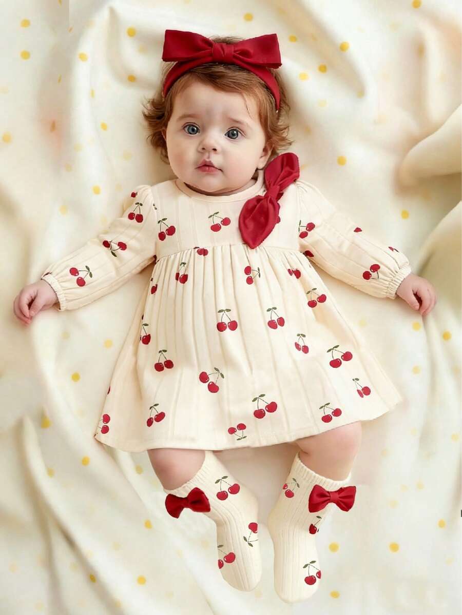 3PCS Baby Dress Gift Set with Bow Headband and Socks for Cute Daily Wear
