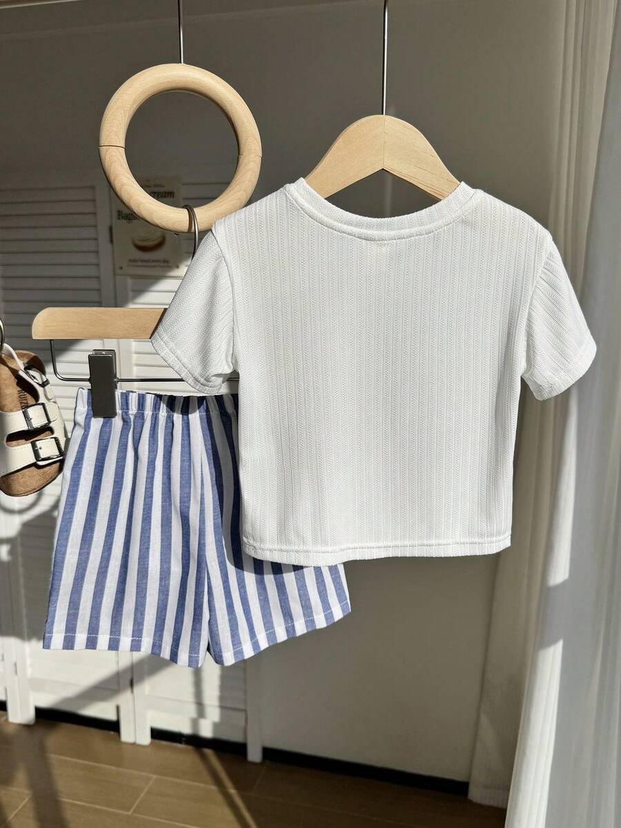 Baby Boy Animal Crayon Print T Shirt and Knitted Shorts 2 Piece Casual Spring Summer Outfit Set