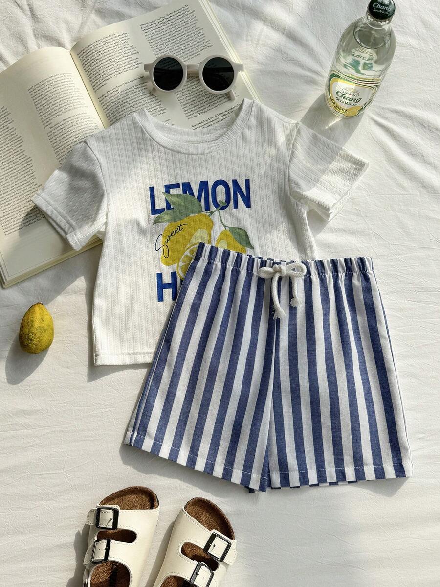 Baby Boy Animal Crayon Print T Shirt and Knitted Shorts 2 Piece Casual Spring Summer Outfit Set