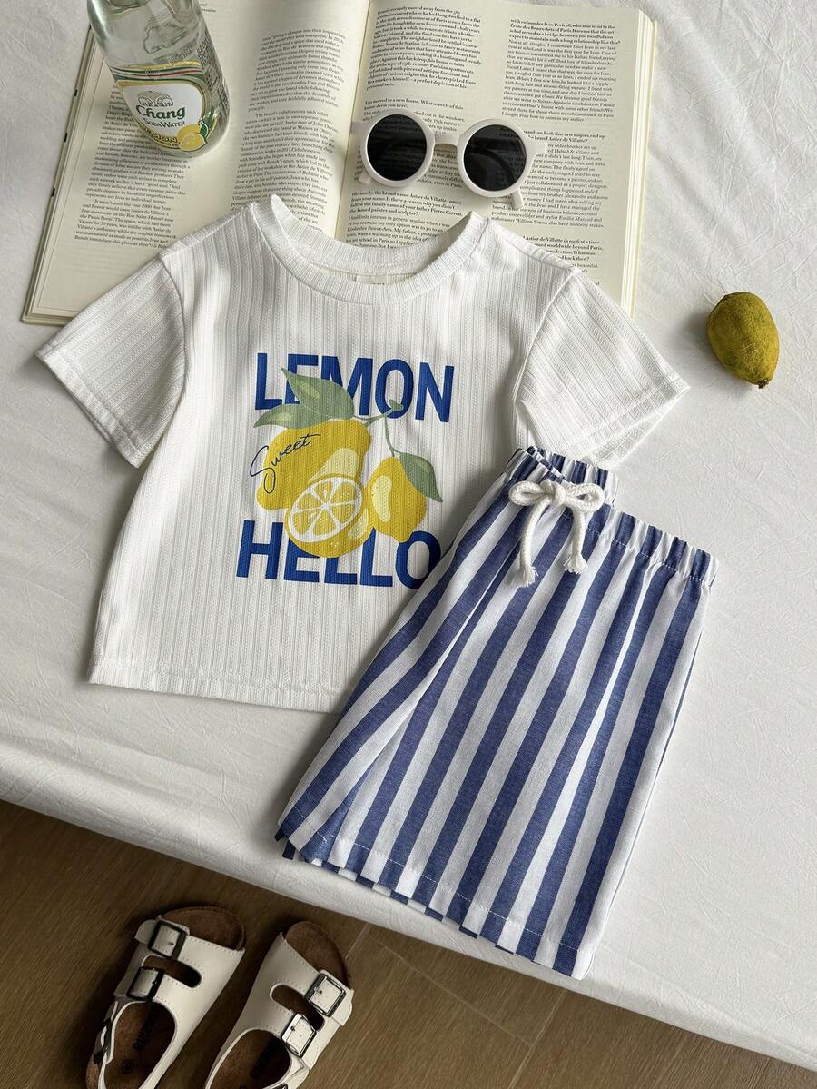 Baby Boy Animal Crayon Print T Shirt and Knitted Shorts 2 Piece Casual Spring Summer Outfit Set