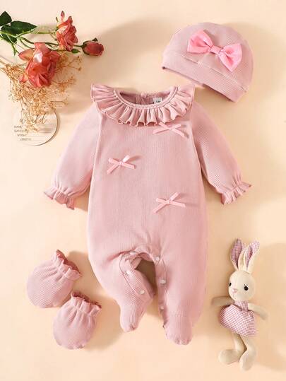 Baby Girl 3pcs Autumn Outfit - Puffed Sleeve Princess Romper & Bow Set (0-9M)