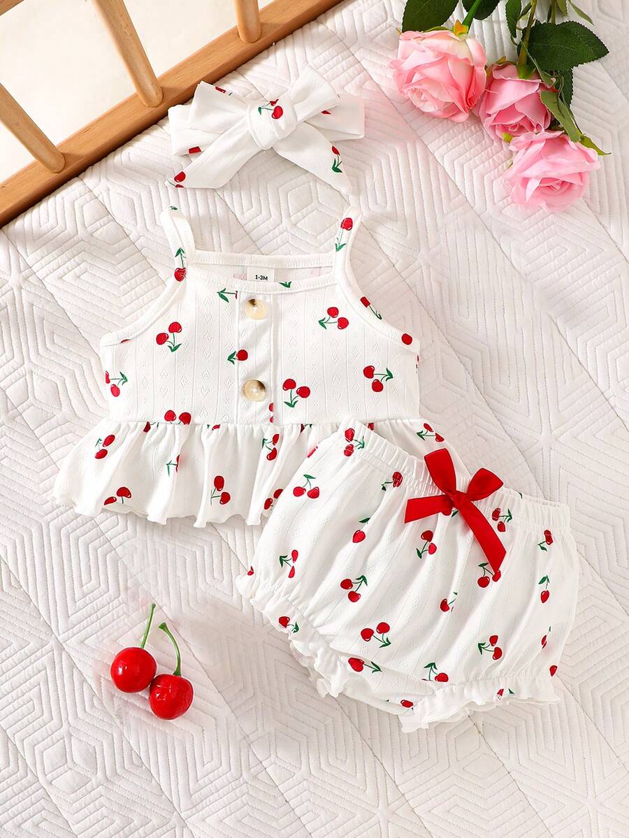 2PCS Baby Heart Print Rib Knit Top and Shorts Set for Cute Summer Daily Wear