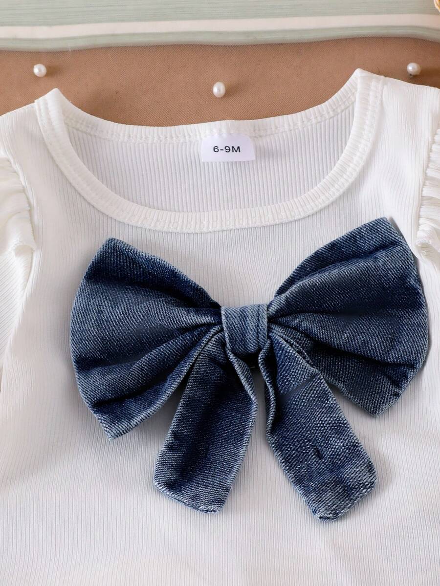 3D Bow Denim Cap Sleeve Set with Front Slit Shorts for Baby Girls