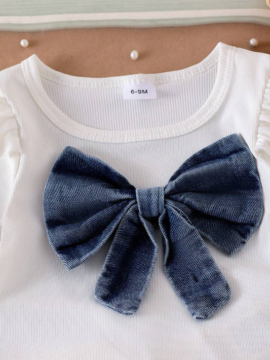 3D Bow Denim Cap Sleeve Set with Front Slit Shorts for Baby Girls