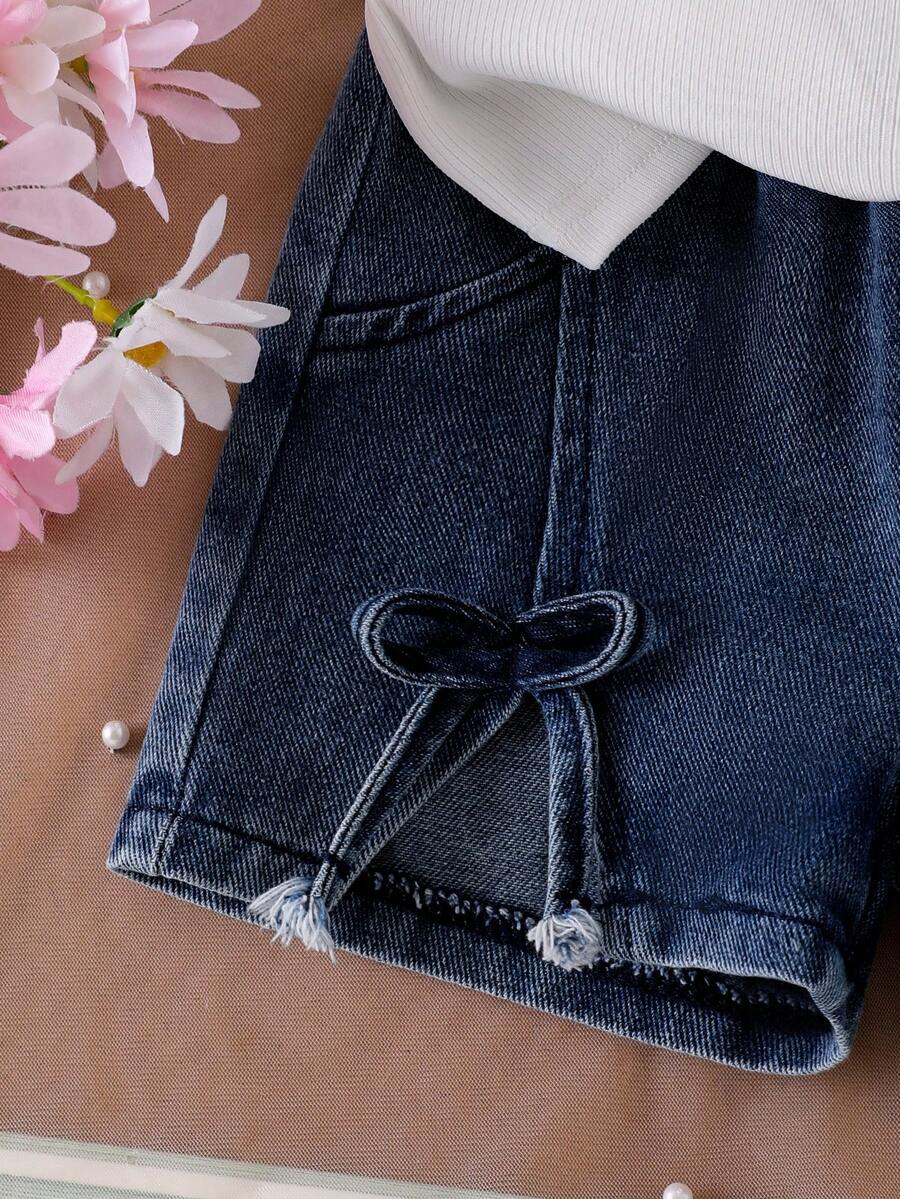 3D Bow Denim Cap Sleeve Set with Front Slit Shorts for Baby Girls