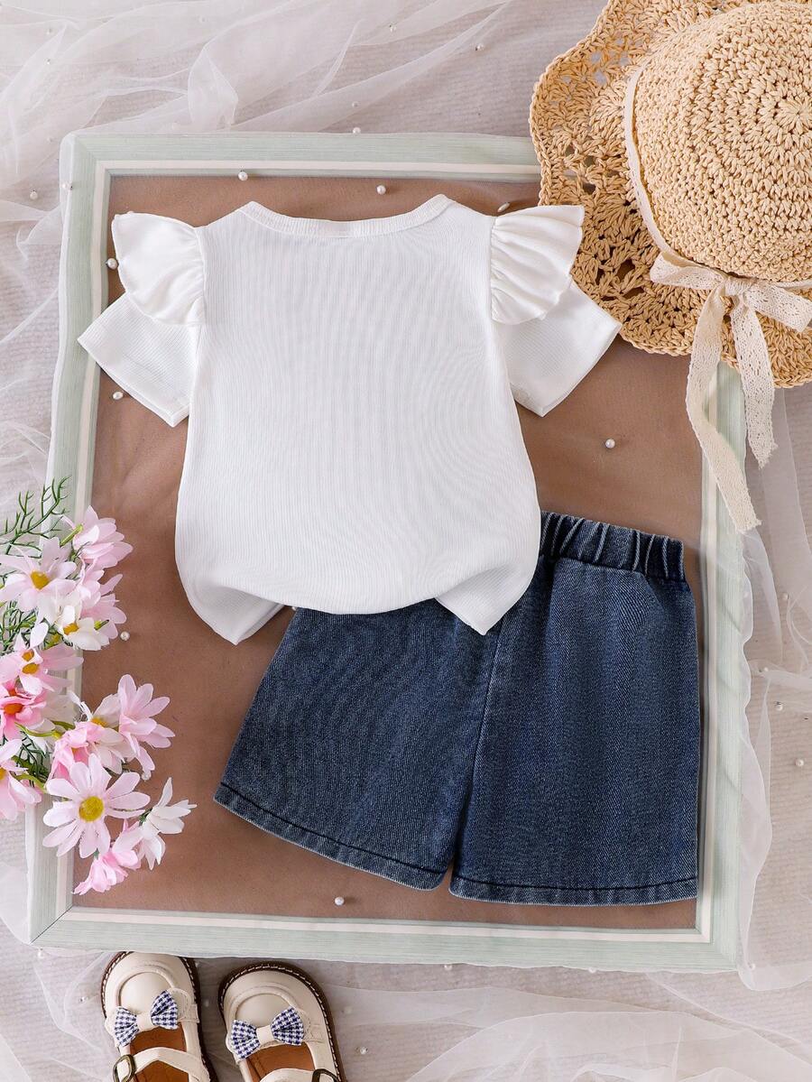 3D Bow Denim Cap Sleeve Set with Front Slit Shorts for Baby Girls