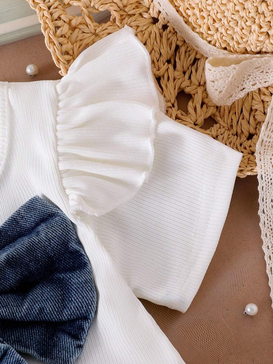 3D Bow Denim Cap Sleeve Set with Front Slit Shorts for Baby Girls