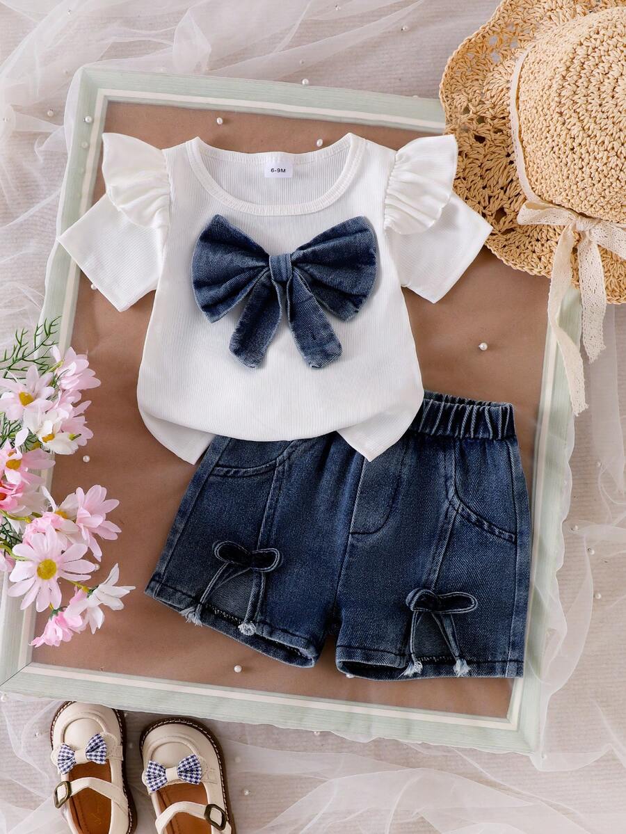 3D Bow Denim Cap Sleeve Set with Front Slit Shorts for Baby Girls