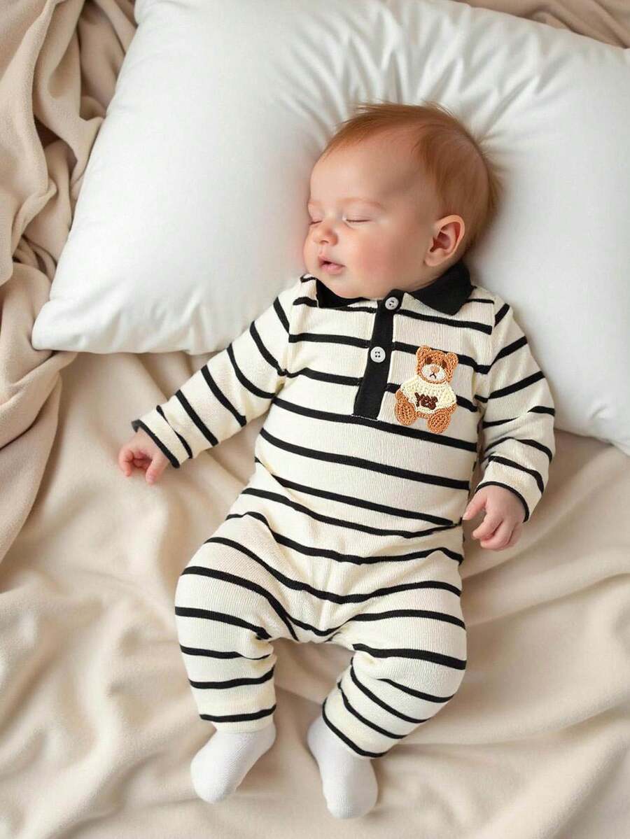 Baby Striped Collar Long Sleeve Jumpsuit for Cozy Daily Wear in Fall and Winter