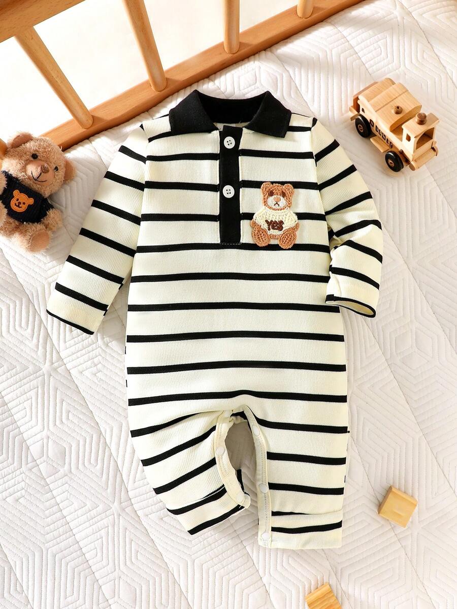 Baby Striped Collar Long Sleeve Jumpsuit for Cozy Daily Wear in Fall and Winter
