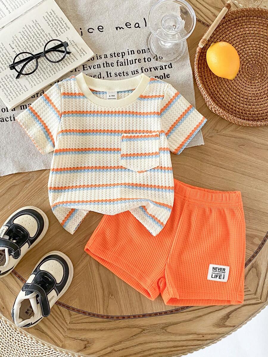 Infant Toddler Boys' Summer Outfit: Striped Waffle Tee and Letter Patch Shorts
