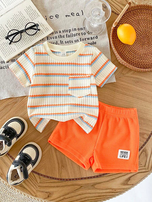 Infant Toddler Boys' Summer Outfit: Striped Waffle Tee and Letter Patch Shorts