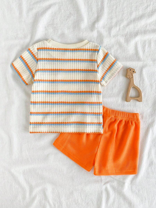 Infant Toddler Boys' Summer Outfit: Striped Waffle Tee and Letter Patch Shorts