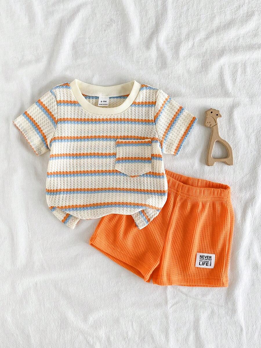 Infant Toddler Boys' Summer Outfit: Striped Waffle Tee and Letter Patch Shorts