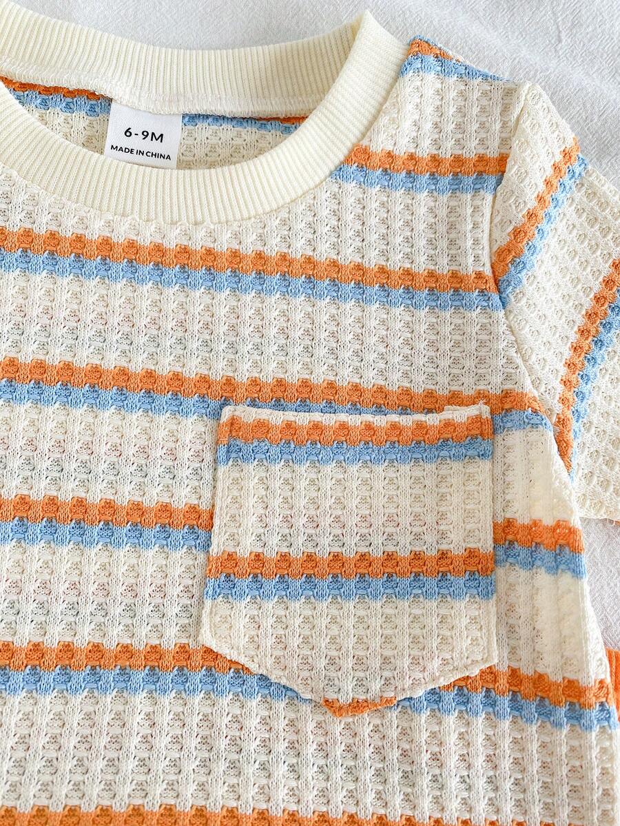 Infant Toddler Boys' Summer Outfit: Striped Waffle Tee and Letter Patch Shorts