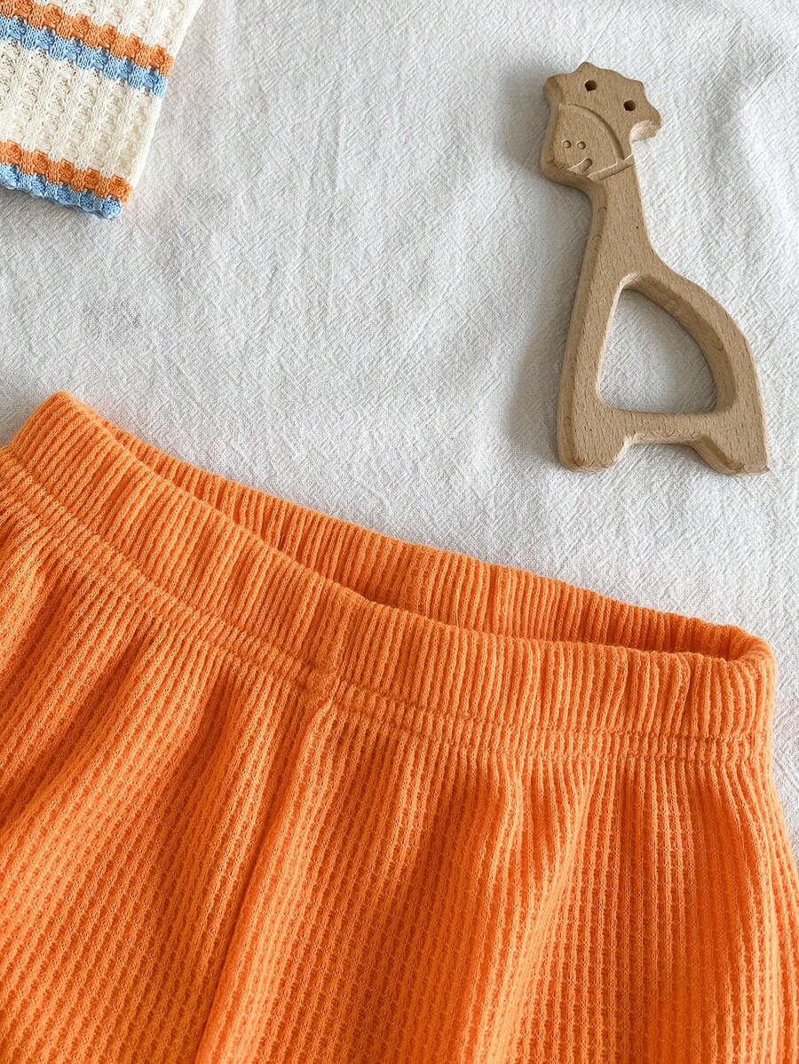 Infant Toddler Boys' Summer Outfit: Striped Waffle Tee and Letter Patch Shorts