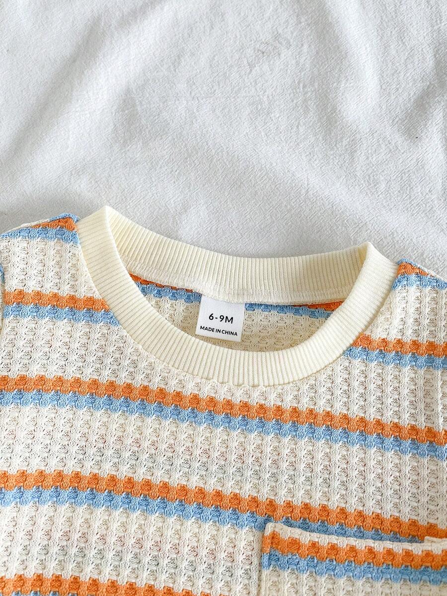 Infant Toddler Boys' Summer Outfit: Striped Waffle Tee and Letter Patch Shorts