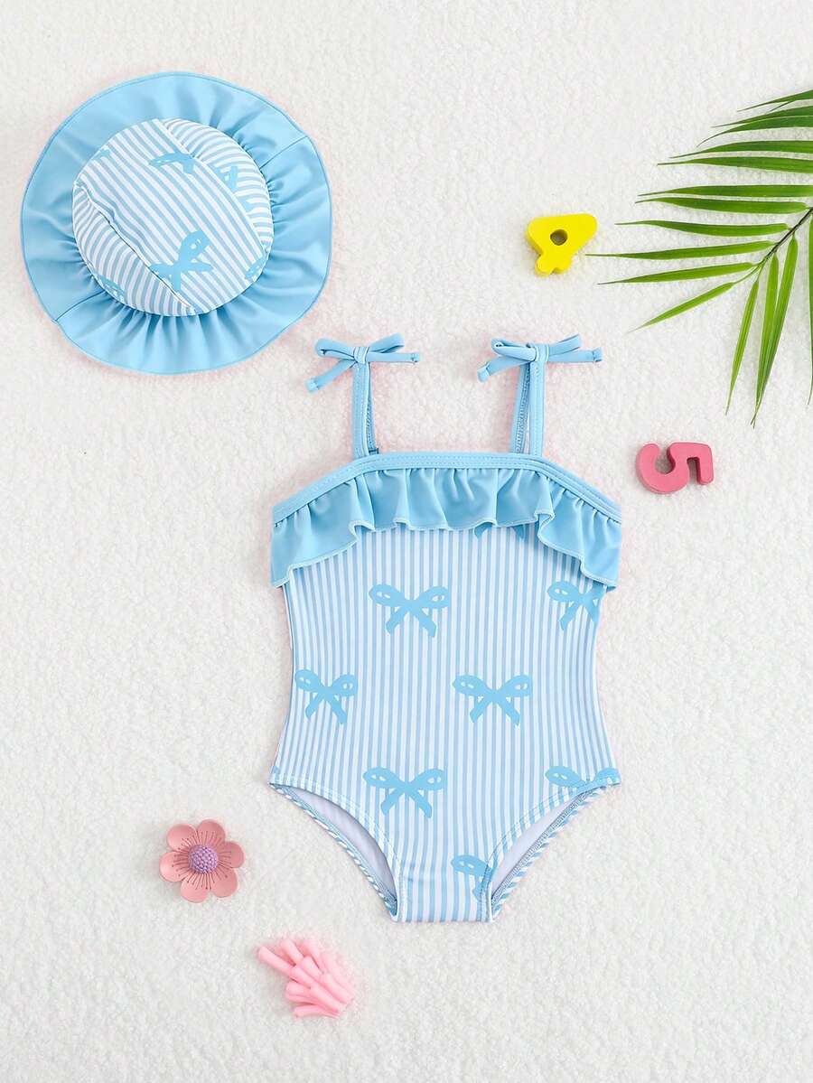 Baby Bow Print Two-Piece Swimsuit Set with Adjustable Straps and Matching Hat