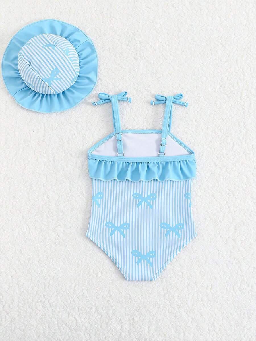 Baby Bow Print Two-Piece Swimsuit Set with Adjustable Straps and Matching Hat
