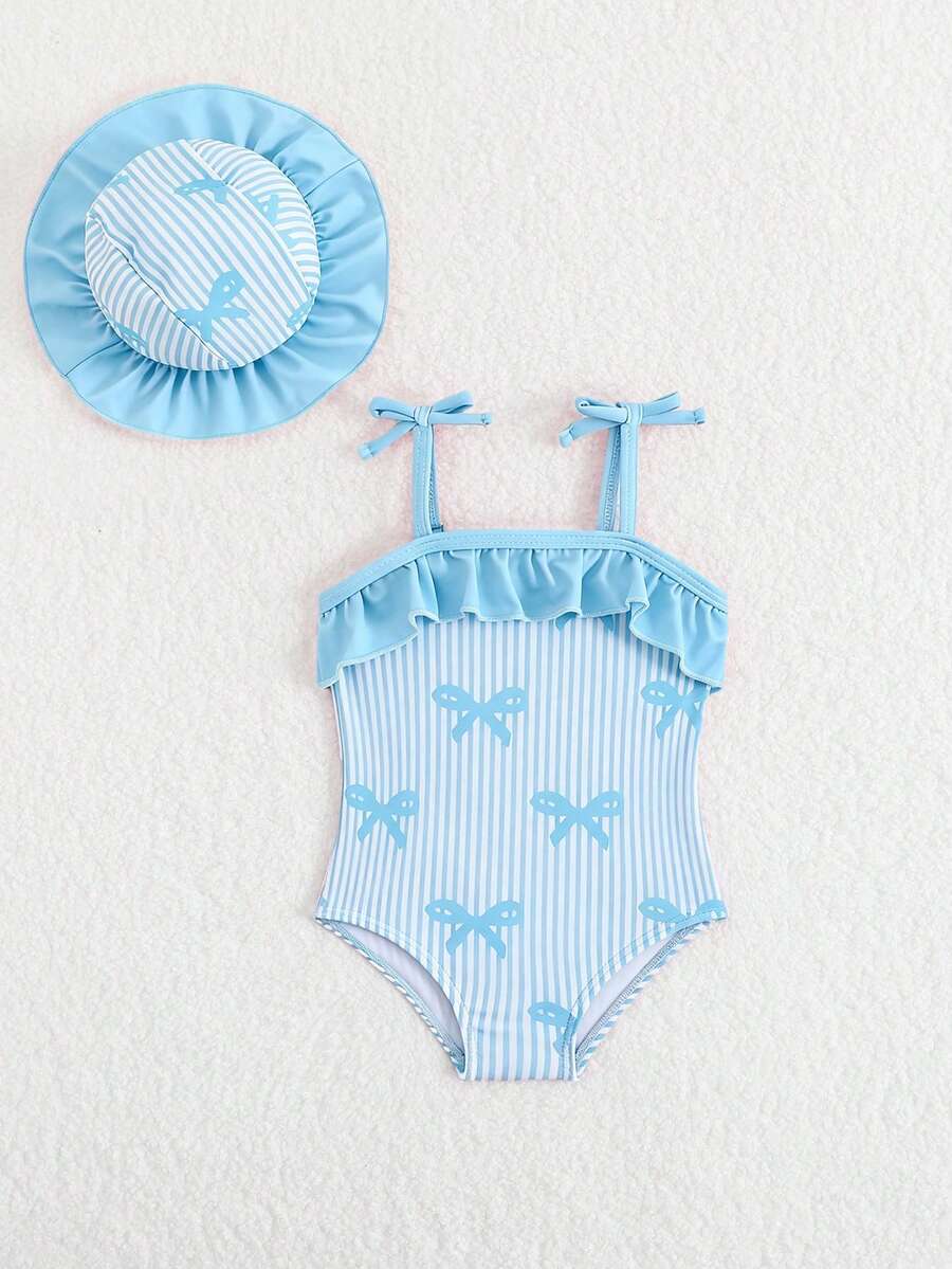 Baby Bow Print Two-Piece Swimsuit Set with Adjustable Straps and Matching Hat