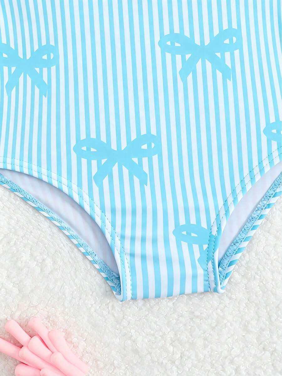 Baby Bow Print Two-Piece Swimsuit Set with Adjustable Straps and Matching Hat