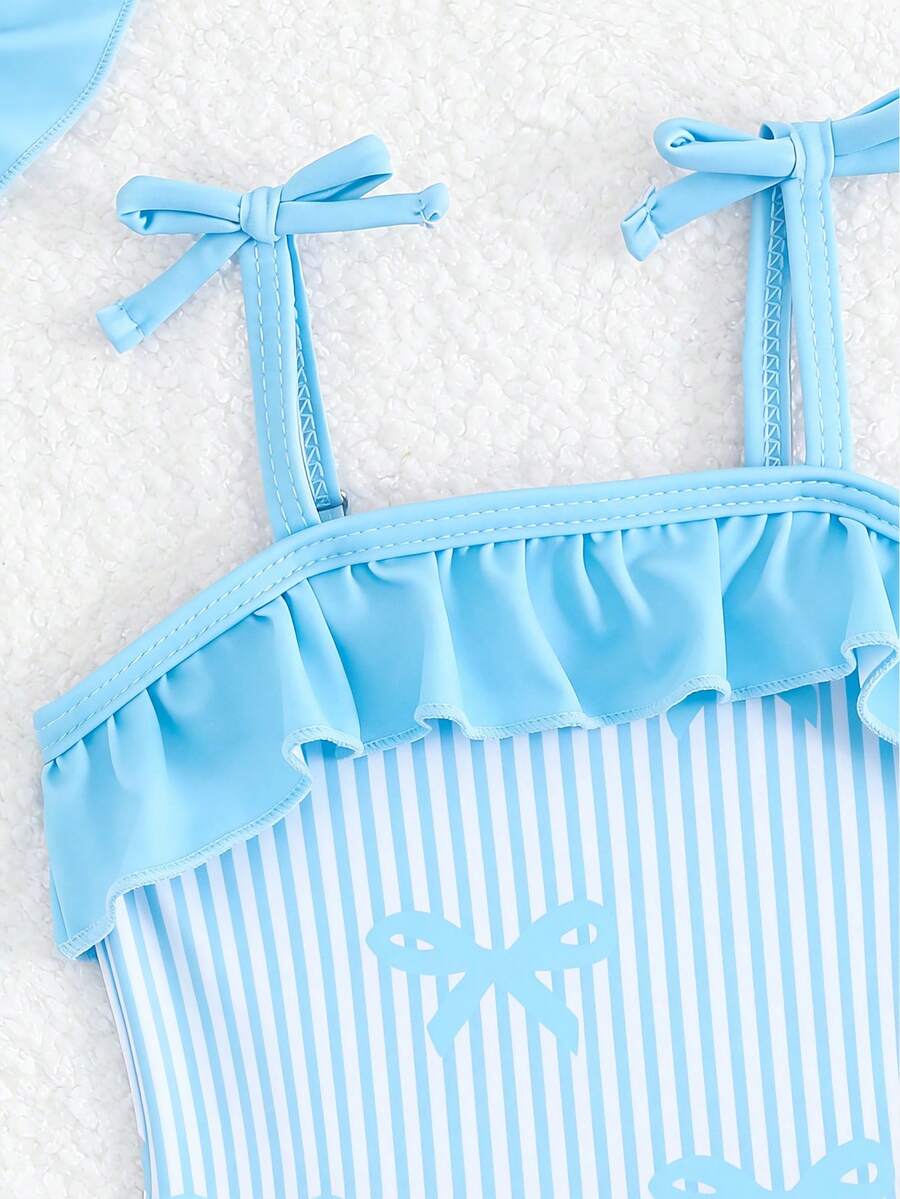 Baby Bow Print Two-Piece Swimsuit Set with Adjustable Straps and Matching Hat