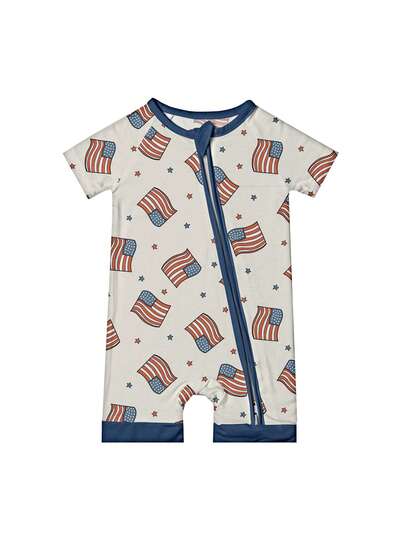 Unisex Baby Flag Print Zip Up Short Sleeve Romper Summer Bamboo Fiber Knit Outfit