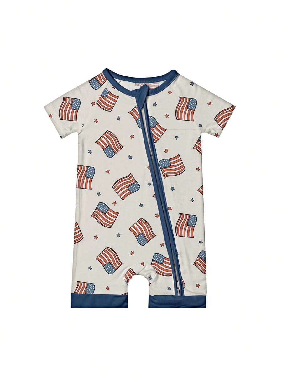 Unisex Baby Flag Print Zip Up Short Sleeve Romper Summer Bamboo Fiber Knit Outfit